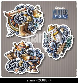 Set von Winter Saison Cartoon Aufkleber Stock Vektor