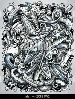 Wassersport handgezeichnete Vektor-Doodles-Illustration. Stock Vektor