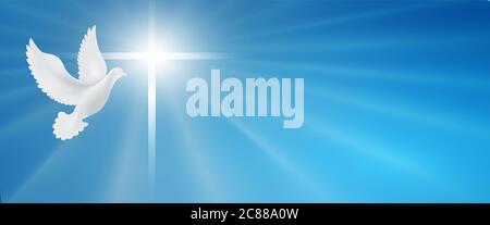 Taube mit christlichem Kreuz Symbol. Kruzifix. Ostern. Zeichen der Reinheit. Vertrauen. Taufe. Heiliger Geist. Evangelisierung. Auferstehung. Banner. Blauer Hintergrund Stockfoto