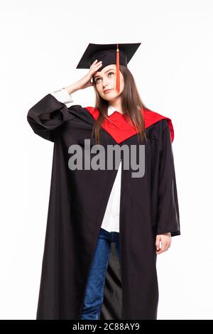 Bildung Thema: Studium Studentin in einem akademischen Kleid. Isoliert auf weißem Hintergrund. Stockfoto