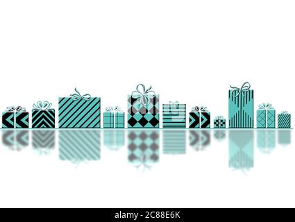 Elegante Premium-Luxus Weihnachten Hintergrund mit Sammlung von eingewickelten pastellfarbenen türkisblauen Geschenk-Boxen auf weißem Hintergrund. 3D-Illustration. Mock-up, Kopierbereich, Banner Stockfoto