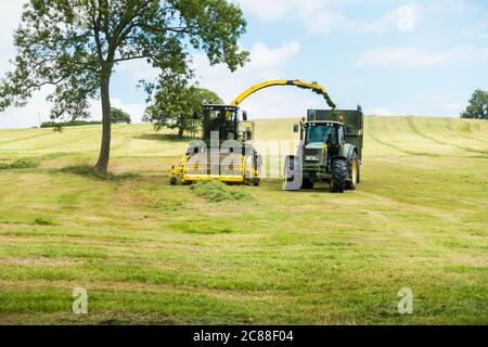 Landwirt sammeln Gras für Silage, Somerset, England, Großbritannien. Stockfoto
