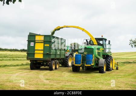 Landwirt sammeln Gras für Silage, Somerset, England, Großbritannien. Stockfoto