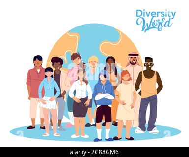 Frauen und Männer Cartoons vor der Welt Design, Kultur und Freundschaft Vielfalt Thema Vektor Illustration Stock Vektor