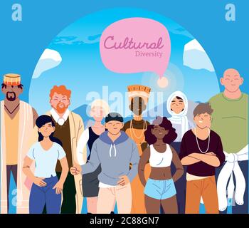 Frauen und Männer Cartoons vor Landschaftsgestaltung, Kultur und Freundschaft Vielfalt Thema Vektor-Illustration Stock Vektor