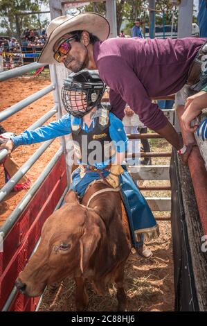 Ein junger Reiter, der auf einem jungen Stier im Rodeo shute montiert ist, bereitet sich mit hilfreicher Unterstützung eines anderen Cowboys am Mt Garnet, Queensland, vor. Stockfoto