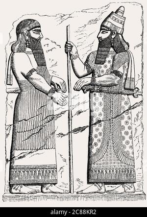 Sargon II (rechts) und ein Würdenträger, Bas-Relief aus Sargon II Palast in Dur-Sharrukin, c. 716–713 V. CHR. Stockfoto