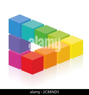 Optische Täuschung, unmögliche Figur mit bunten Würfeln - Illustration auf weißem Hintergrund. Stockfoto