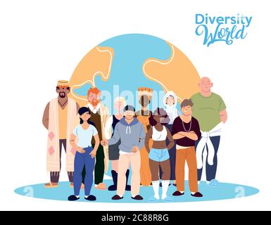 Frauen und Männer Cartoons vor der Welt Design, Kultur und Freundschaft Vielfalt Thema Vektor Illustration Stock Vektor