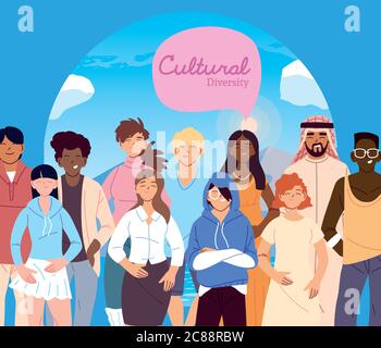 Frauen und Männer Cartoons vor Landschaftsgestaltung, Kultur und Freundschaft Vielfalt Thema Vektor-Illustration Stock Vektor