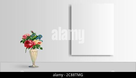 Imitiert schwarzen Rahmen auf weißem Hintergrund, mit saftigen Pflanzen, und Zweige Vase Blume, 3d-Porträt-Rahmen Stockfoto