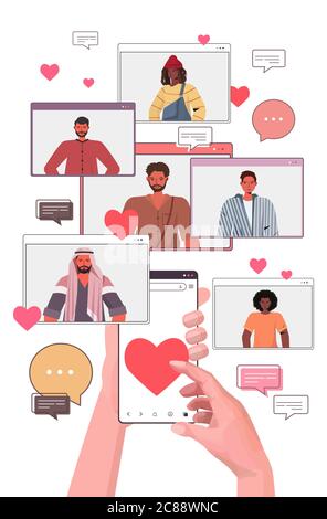 Menschliche Hände mit Smartphone chatten in Online-Dating-App Menschen in Web-Browser-Fenster soziale Beziehung Kommunikation Konzept vertikale Vektor Illustration Stock Vektor