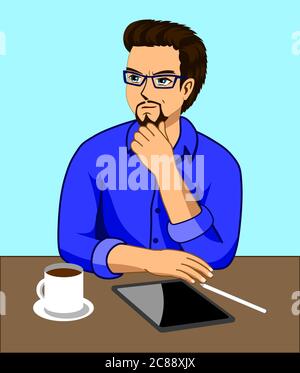 Ein Mann, der denkt, während er an einem Schreibtisch arbeitet Mit einer Tablette und einer Kaffeetasse Stock Vektor