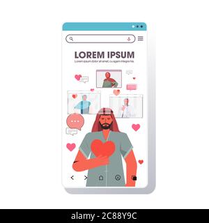 arabischer Mann chatten mit Mix-Rennen Frauen in Online-Dating-App Social Relationship Kommunikation Konzept Smartphone Bildschirm mobile App kopieren Raum Vektor Illustration Stock Vektor