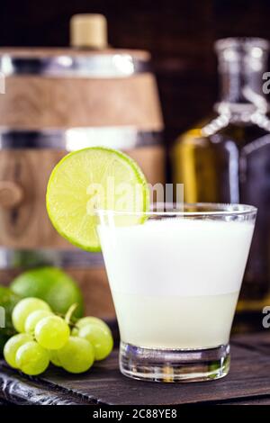 Pisco Sour, ein typischer Cocktail der südamerikanischen Küche, Peru und Chile, zubereitet auf Basis von Pisco und Zitrone, gesüßt mit Brandy, Eier, kalt serviert. Stockfoto