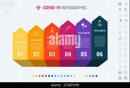 Buntes Diagramm der covid-19 Infografik Vorlage. Zeitachse mit 6 Schritten. Workflow-Diagramm für Coronavirus. Vektordesign. Viele zusätzliche Symbole. Stock Vektor