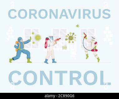 Coronavirus-Steuerung Vektor flach Banner Design. Medizinische Arbeiter oder Reinigungsmittel in Schutzanzügen und Masken desinfizierende Oberflächen. Schutzmaßnahmen während des Covid-19-Ausbruchs. Stock Vektor