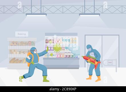 Menschen in Schutzanzügen und medizinische Masken sauber Lebensmittelgeschäft Vektor flache Illustration. Reiniger desinfizieren Oberflächen und bekämpfen Coronavirus-Zellen. Schutzmaßnahmen gegen Viren, Covid-19. Stock Vektor
