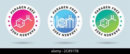 Paraben Freie Stempel Vektor-Illustration. Symbol für Vektorzertifikat. Set mit 3 schönen Farbverläufen. Vektor-Kombination für Zertifikat in flacher Ausführung. Stock Vektor
