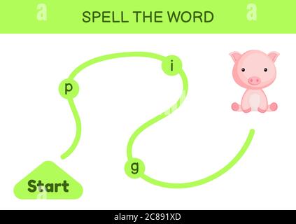 Labyrinth für Kinder. Rechtschreibwortschablone. Lernen Sie Wort Schwein lesen, druckbare Arbeitsblatt. Aktivitätsseite für die englische Sprache. Stock Vektor