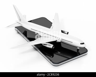 Flugzeug steht auf Smartphone-Bildschirm. 3D-Illustration. Stockfoto