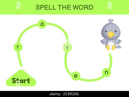 Labyrinth für Kinder. Rechtschreibwortschablone. Lernen Sie, Wort Raben lesen, druckbare Arbeitsblatt. Aktivitätsseite für die englische Sprache. Stock Vektor