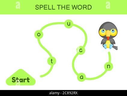 Labyrinth für Kinder. Rechtschreibwortschablone. Lernen Sie, Wort toucan lesen, druckbare Arbeitsblatt. Aktivitätsseite für die englische Sprache. Stock Vektor