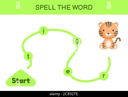 Labyrinth für Kinder. Rechtschreibwortschablone. Lernen Sie Wort Tiger lesen, druckbare Arbeitsblatt. Aktivitätsseite für die englische Sprache. Stock Vektor