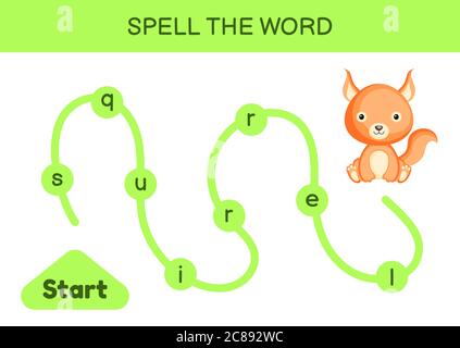 Labyrinth für Kinder. Rechtschreibwortschablone. Lernen Sie, Wort Eichhörnchen lesen, druckbare Arbeitsblatt. Aktivitätsseite für die englische Sprache. Stock Vektor