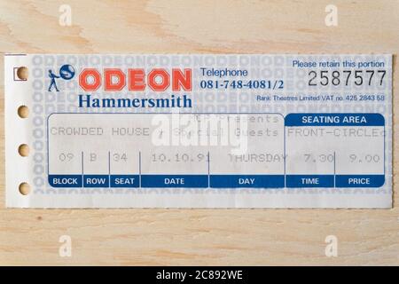 Konzertticket Stub für das überfüllte Haus im Jahr 1991 im Hammersmith Odeon, London, Großbritannien Stockfoto