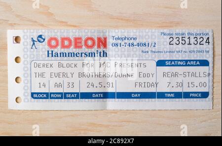 Konzertticket Stub für die Everly Brothers 1991 im Hammersmith Odeon, London, UK Stockfoto