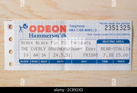 Konzertticket Stub für die Everly Brothers 1991 im Hammersmith Odeon, London, UK Stockfoto