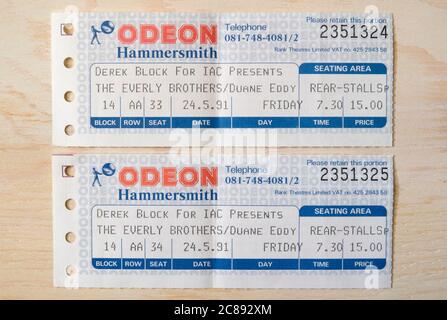 Konzertkarten für die Everly Brothers im Jahr 1991 im Hammersmith Odeon, London, UK Stockfoto