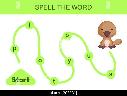 Labyrinth für Kinder. Rechtschreibwortschablone. Lernen Sie, Wort-Schnabeltier, druckbare Arbeitsblatt lesen. Aktivitätsseite für die englische Sprache. Stock Vektor