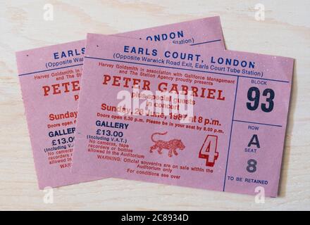 Konzertticket-Stubs für Peter Gabriel, der besondere Gast war Kate Bush, am Sonntag, 28. Juni 1987 im Earls Court, London, UK Stockfoto