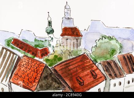 Typische Ansicht der kleinen mittelalterlichen Stadt europas im Sommer von Hand mit Aquarellfarben auf weißem Strukturpapier gemalt Stockfoto