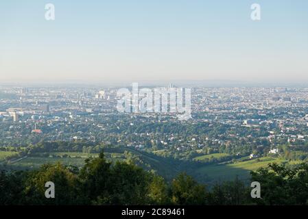 Am Morgen von Kahlenberg aus hat man einen schönen Blick über die Stadt Wien und die Weinberge des Vorstadtviertels. Stockfoto