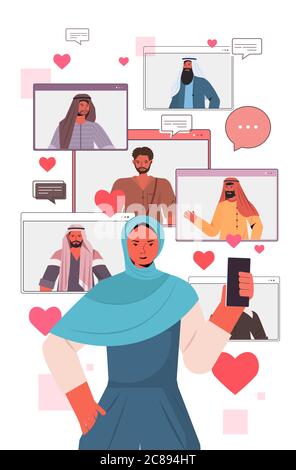 arabische Frau mit Smartphone chatten in Online-Dating-App mit arabischen Männern in Web-Browser-Fenster soziale Beziehung Kommunikation Konzept vertikale Vektor Illustration Stock Vektor