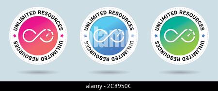 Unbegrenzte Ressourcen Stempel Vektor Illustration. Symbol für Vektorzertifikat. Set mit 3 schönen Farbverläufen. Vektor-Kombination für Zertifikat. Stock Vektor