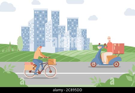 Lieferung Express-Service in Stadt Vektor flache Abbildung. Männer in Schutzmaske Reiten im Freien auf Fahrrad und Roller und liefern Lebensmittel oder Waren an Kunden während Covid-19 Ausbruch. Stock Vektor