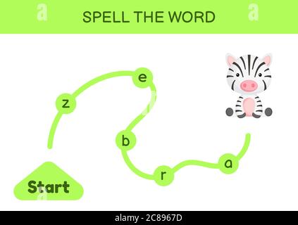 Labyrinth für Kinder. Rechtschreibwortschablone. Lernen Sie Wort Zebra lesen, druckbare Arbeitsblatt. Aktivitätsseite für die englische Sprache. Stock Vektor