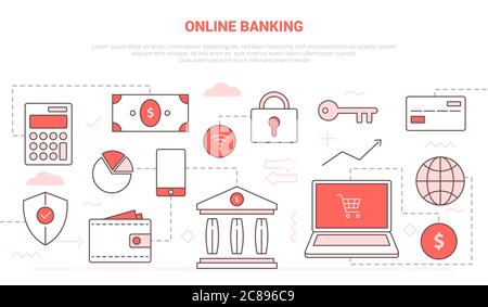 Online-Banking-Konzept mit Laptop und Online-Shopping-Sicherheits-Datenbank für Website Homepage Vorlage Landing Page Banner mit Umriss Stil Stock Vektor