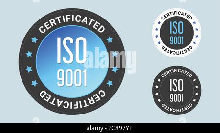 ISO 9001 zertifizierte Stempel Vektorgrafik. Symbol für Vektorzertifikat. Vektor-Kombination für Zertifikat in flacher Ausführung. Stock Vektor