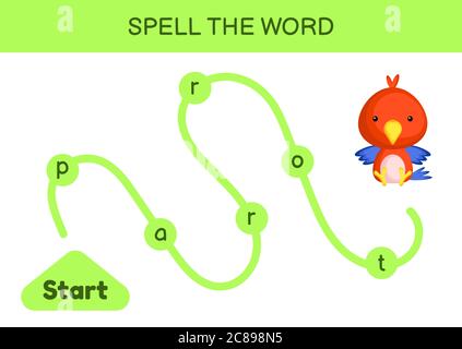 Labyrinth für Kinder. Rechtschreibwortschablone. Lernen Sie Wort Papagei lesen, druckbare Arbeitsblatt. Aktivitätsseite für die englische Sprache. Stock Vektor