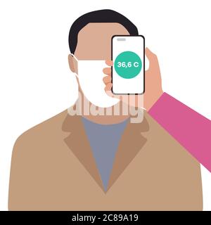 Vektor-Illustration Telefon auf der Stirn der Person platziert fernab misst Temperatur. Neue Technologie. Neue normale. Messung der menschlichen Körpertemperatur Stock Vektor