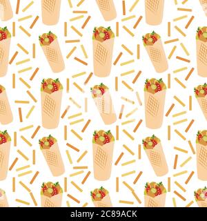 Vektor nahtlose Muster Illustration Tortilla Wraps mit gegrilltem Hähnchenfilet und frischem Gemüse. Mittagessen auf der Straße. Essen zum Mitnehmen. Kebab. Konzept für Stock Vektor