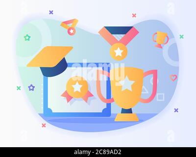 Pokal Zertifikat Medaille Hut Toga Gewinner Olympic Wettbewerb Konzept mit flachen Stil. Stock Vektor