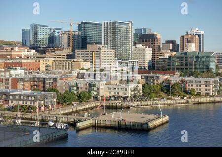 Am frühen Morgen Halifax Nova Scotia, Kanada City Centre Wolkenkratzer Downtown Waterfront Boardwalk Canadian Port Halifax Hafen Stockfoto