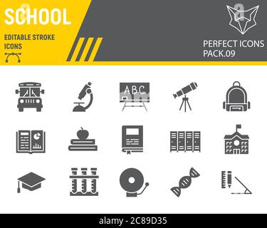 Schule Glyphen Icon Set, Bildung Symbole Sammlung, Vektor-Skizzen, Logo-Illustrationen, zurück zur Schule Symbole, Wissen Zeichen solide Piktogramme Stock Vektor