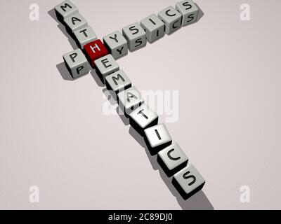 Kreuzworträtsel der Physik Mathematik angeordnet durch kubische Buchstaben auf einem Spiegelboden, Konzept Bedeutung und Präsentation. Illustration und Wissenschaft. 3D-Illustration Stockfoto